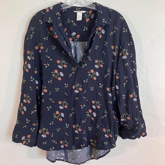 H&M Navy Blue Floral Pattern Soft Blouse Shirt XS‎ - Picture 1 of 4